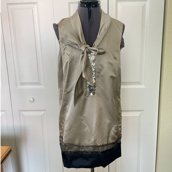 Vera Wang Champagne Satin and Sequin Shift Dress with Beading • Size 6 🗣 - Picture 2 of 5